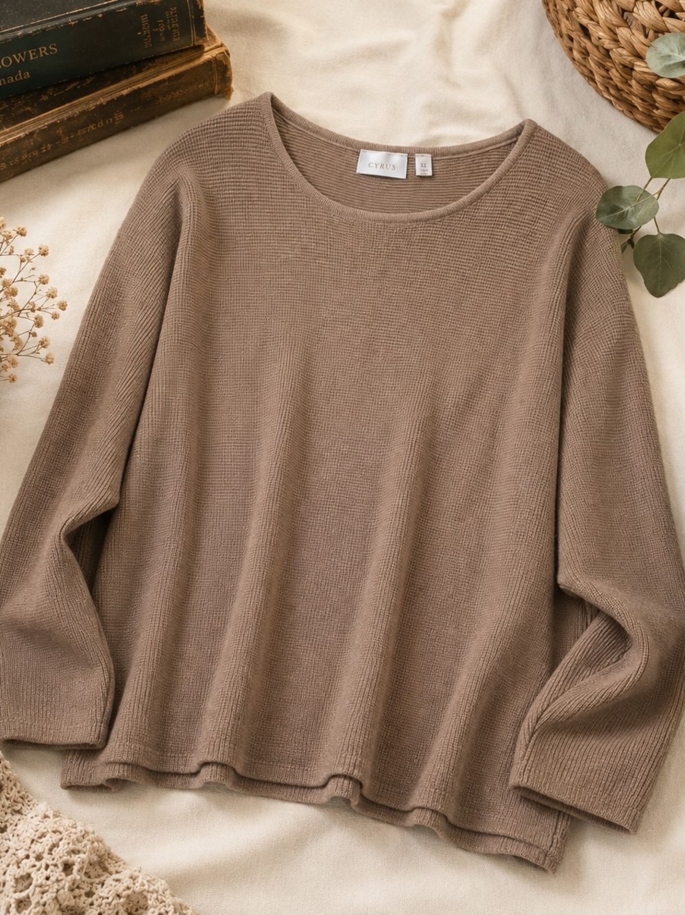 Cyrus Taupe Waffle Knit Sweater XL Soft Lightweight Pullover Dolman Sleeve